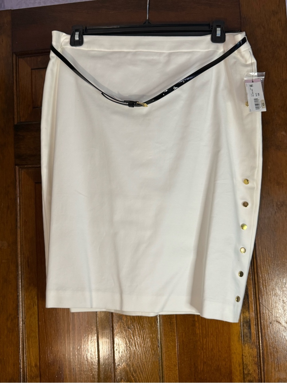 Worthington Cream A-Line Skirt with Black Belt and Gold Studs